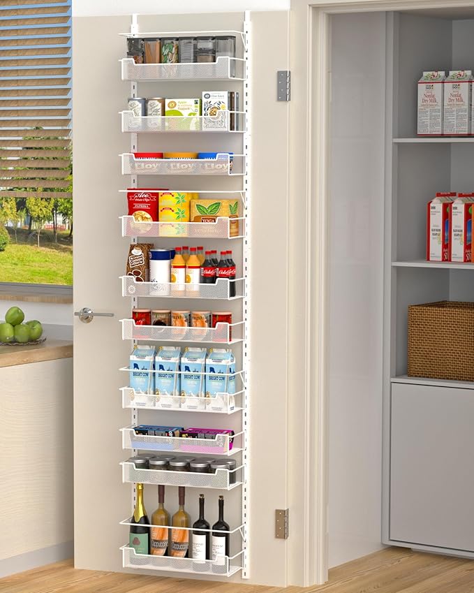 VyGrow Over the Door Pantry Organizer, 10-Tier Over the Door Organizer with Adjustable Basket, Pantry Door Organization for Pantry Kitchen Storage Room Spice Rack, White by VyGrow