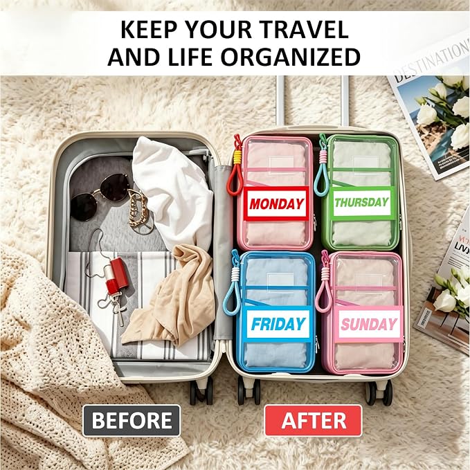 7 Pack Clear Packing Cubes for Travel Days of Week Packing Cubes with Labels Colored Lanyards Luggage Organizer Bags for Travel Summer Camping Essentials - Image 5