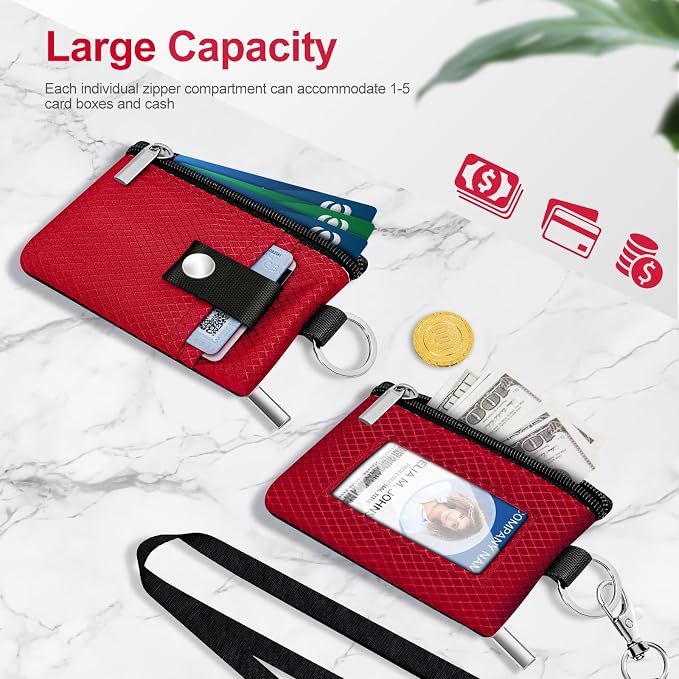 Minimalist RFID Blocking Small Wallet with ID Window,WaterResistant Zip Id Case Wallet with Lanyard Keychain for Cards,Cash,Travel,Women,Men (Red) - Image 7