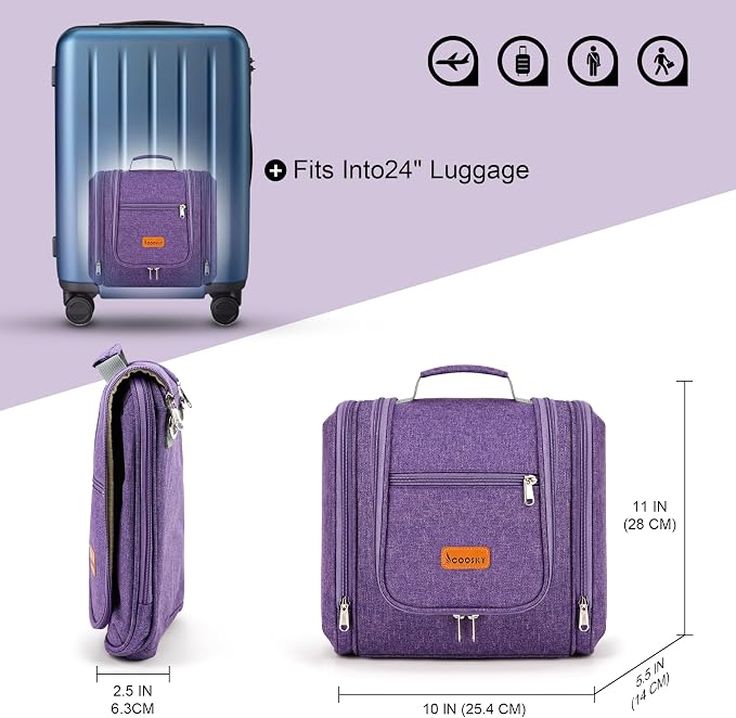 Hanging Travel Toiletry Bag for Women and Men, 6 Organizer Compartments, Large Toiletries essentials, Bathroom Cosmetic Accessories, Water-resistant Makeup Bag, Holds Full-Size Shampoo, Purple - Image 6