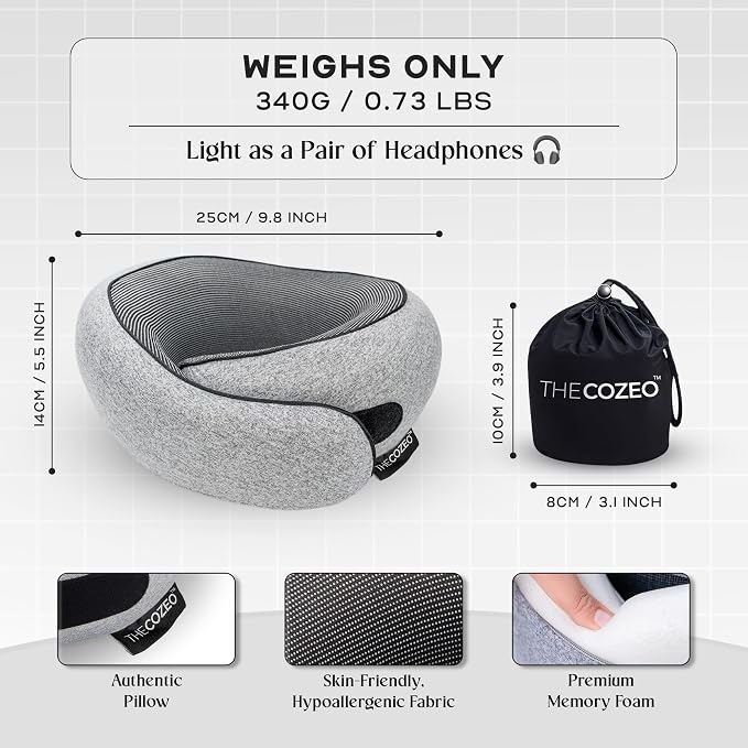 The Cozeo™ Travel Neck Pillow, 100% Pure Memory Foam Airplane Neck Pillow with Eye Mask & Earplug, Ideal for Long Flight, Car Road Trip Essentials & Sleeping | Suitable for Adults & Kids - Gray - Image 5