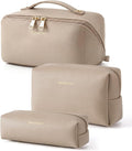 BAGSMART Makeup Bag Travel 3 Pcs Set Cosmetic Bag,Toiletry Bag,Camel | 3 Pcs Set Large Make Up Bag Flat Open for Women, PU Leather Travel Essentials Organizer, Wide-open Pouch for Skincare,Brushes by BAGSMART