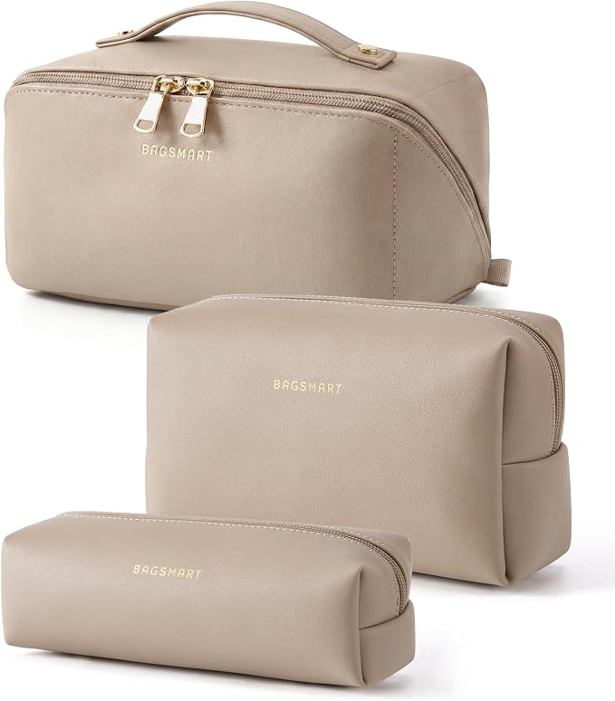 BAGSMART Makeup Bag Travel 3 Pcs Set Cosmetic Bag,Toiletry Bag,Camel | 3 Pcs Set Large Make Up Bag Flat Open for Women, PU Leather Travel Essentials Organizer, Wide-open Pouch for Skincare,Brushes by BAGSMART
