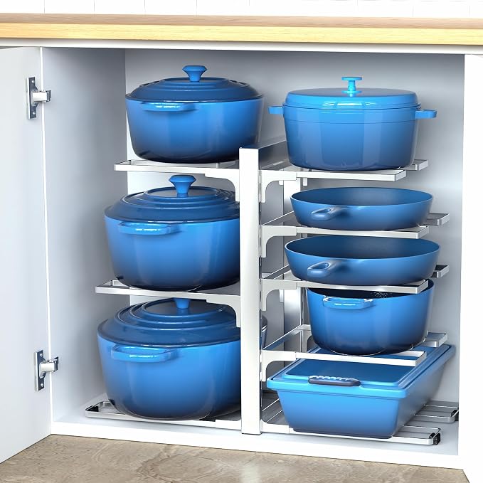Pots and Pans Organizer Under Cabinet 15.8" 8-Tier Adjustable Silver | 2 DIY Modes, Tool-Free Assembly, Max 120 Lbs, Fits Cast Iron Pans, Dutch Ovens & Heavy Cookware, For Kitchen Cabinets - Image 8