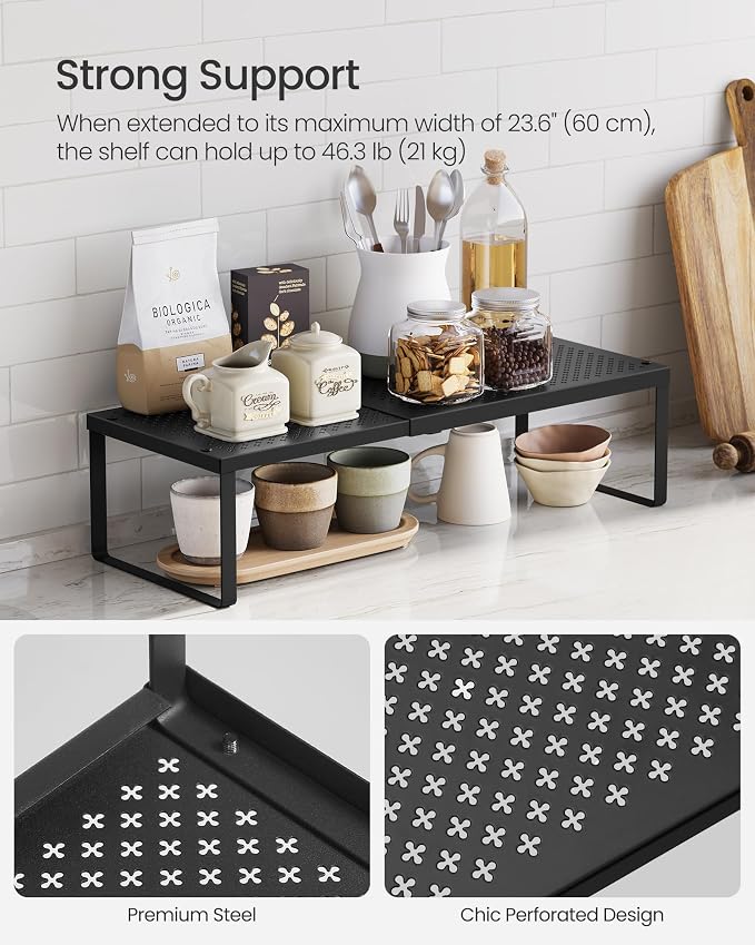 SONGMICS Spice Rack, Expandable Kitchen Countertop Shelf, Steel | Small Cupboard Organizer, Space-Saving, Tabletop, Matte Black, BEQUE Collection UKCS007B01 - Image 4