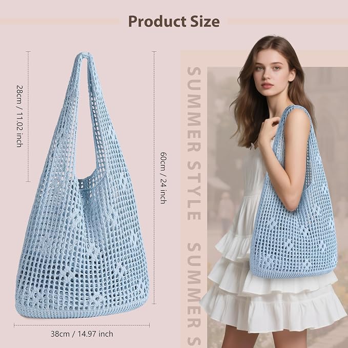 Sightor Crochet Tote Bag, Mesh Beach Bag Knit Summer Hobo Bag for Women | Beach Tote bag Vacation Outfits Aesthetic Boho Bag - Image 2