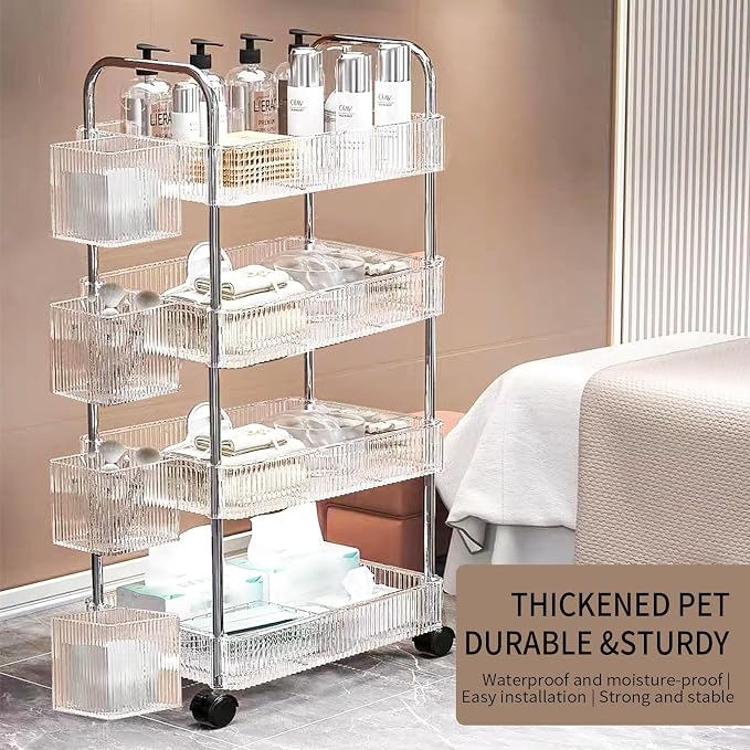 4 Tiers Rolling Storage Cart with Hanging Basket Acrylic Organizer | Acrylic Rolling Cart with Hanging Basket and Lockable Wheels, Ideal for Home, Office, Kitchen and Bathroom Storage - Image 5