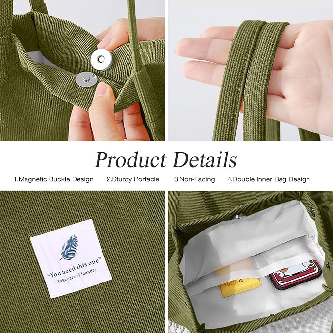 LHMTQVK Corduroy Tote Bags for Women, Large Capacity Tote Purse Reusable Grocery Shoulder Bag with Inner Pockets - Image 2
