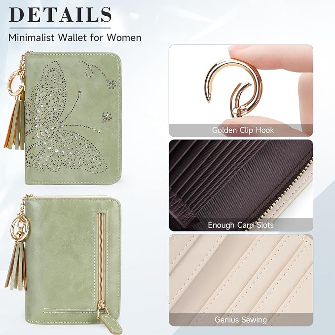 KITEVIUN Women RFID Blocking Small Bifold Wallet, Compact Cash Clutch with Zipper Coin Pocket, Glittery Butterfly Design, Credit Card Holder, Travel Purse with Tassel GREEN - Image 5