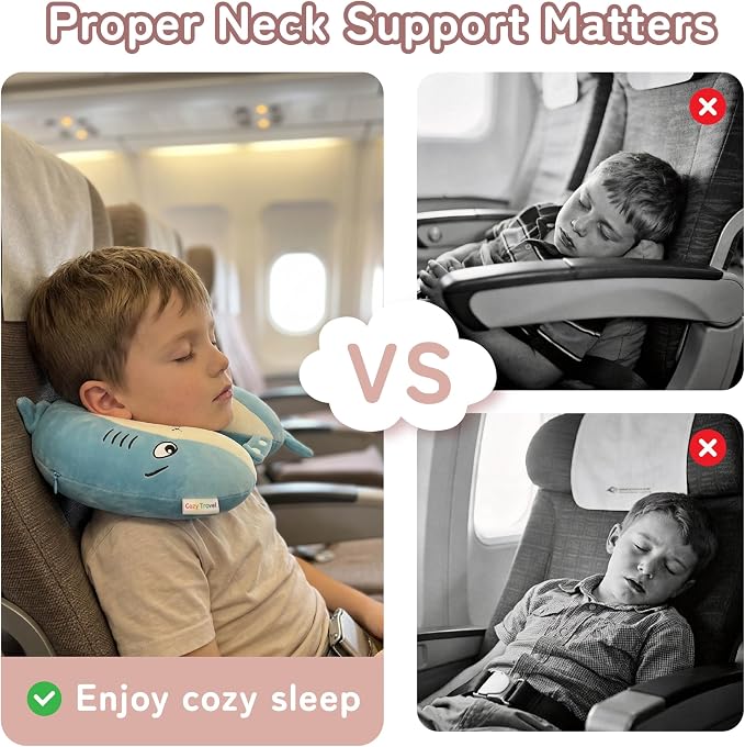 Kids Travel Neck Pillow for Ages 3-8, Memory Foam, Removable Cover, Shark | Machine washable, 13 in neck size, hidden zipper, 360-degree head and chin support, car seat and airplane use - Image 6