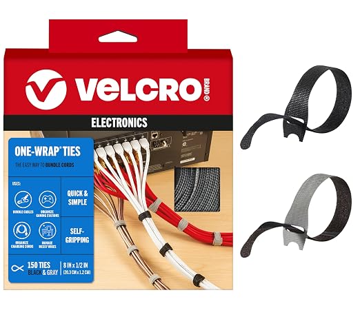 VELCRO Brand Reusable Cable Ties, Cord Management, 8in, Black, 150 Pack by VELCROBrand
