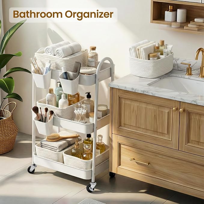 3-Tier Rolling Utility Cart with 4 Woven Baskets, Diaper Book Snack Cart, Storage Organizer for Nursery, Kitchen, Craft Room, Home SPA, Living Room, Metal Frame Trolley on Lockable Wheels, White - Image 5