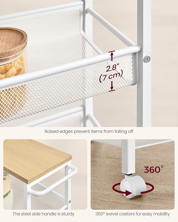 VASAGLE Slim Rolling Cart, 4-Tier, 8.7 Inches Deep, Steel Frame | Storage Cart with Handle, Narrow for Kitchen, Living Room, Golden Oak and Matte White, DACEY Collection ULRC033W09 - Image 5