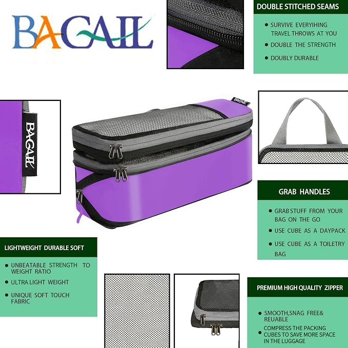 BAGAIL 4 Set/6 Set/8 Set Compression Packing Cubes Travel Accessories Expandable Packing Organizers(Purple HalfMesh 6 Set) - Image 3