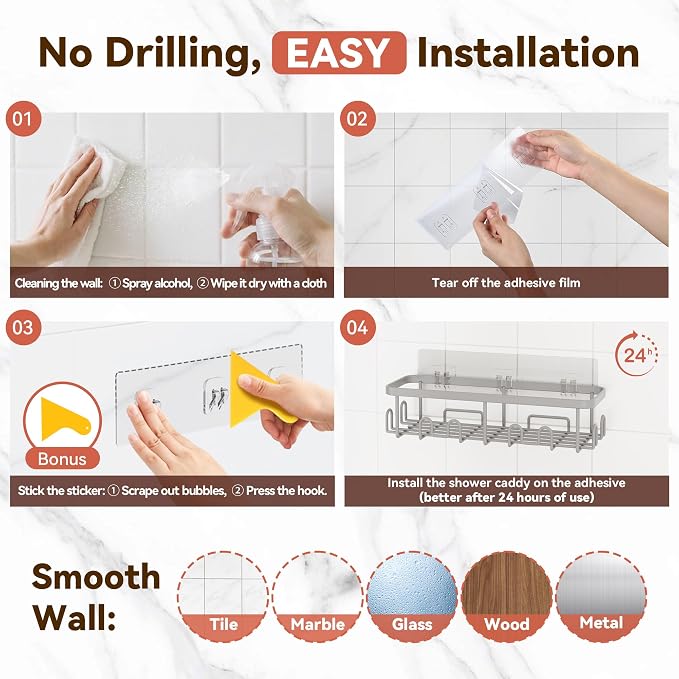 Shower Caddy Adhesive, Rustproof Shower Organizer, Wall Shower Rack | Large Capacity Shower Shelves for Inside Shower, Shampoo Shower Holder, Grey, 3 Caddies, 1 Soap Dish, 1 Toothbrush Holder - Image 9