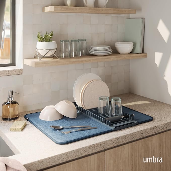 Umbra Udry Dish Drying Rack with Mat, Folds Flat for Storage, Slate Blue | Protects countertop, BPA-free, recycled plastic construction - Image 2
