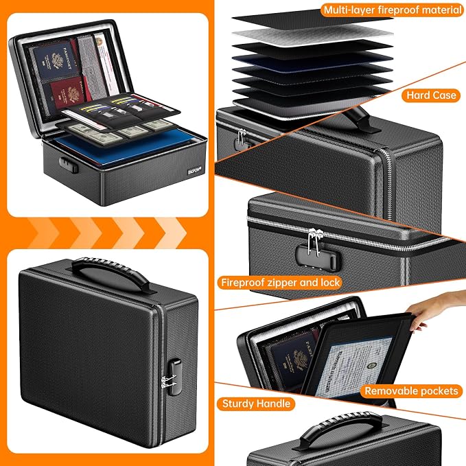 ENGPOW Fireproof Document Box with Lock & Heat-Resistant Fireproof Zipper | 6400°F 12-Layer Fire Protection,Hard Case File Organizer with Multi-Pocket,Portable Home Safe Storage for Money,Jewelry - Image 7