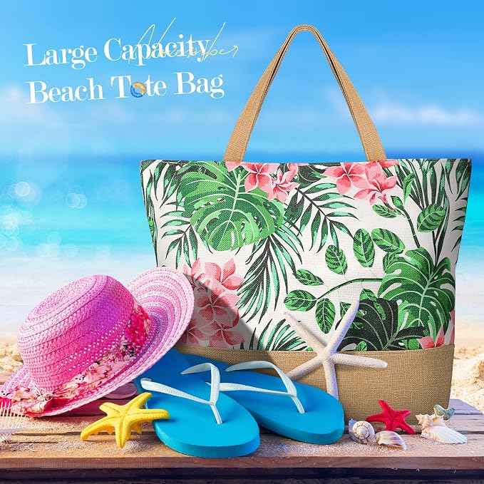 Trifabricy Beach Bags for Women,Waterproof Straw Beach Tote Bag With Zipper | Spacious Storage Capacity, Secure Zipper Closure, Reinforced Carry Handles, Stylish Printed Design For Outdoor Activities - Image 8