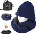 Travel Pillow - Hooded Neck Pillow Airplane Memory Foam Filling | for Plane, Office, Cars Sleeping, Road Trip, Long Flights Essentials, Includes Eye Mask & Earplugs (Navy) by Vzpeun