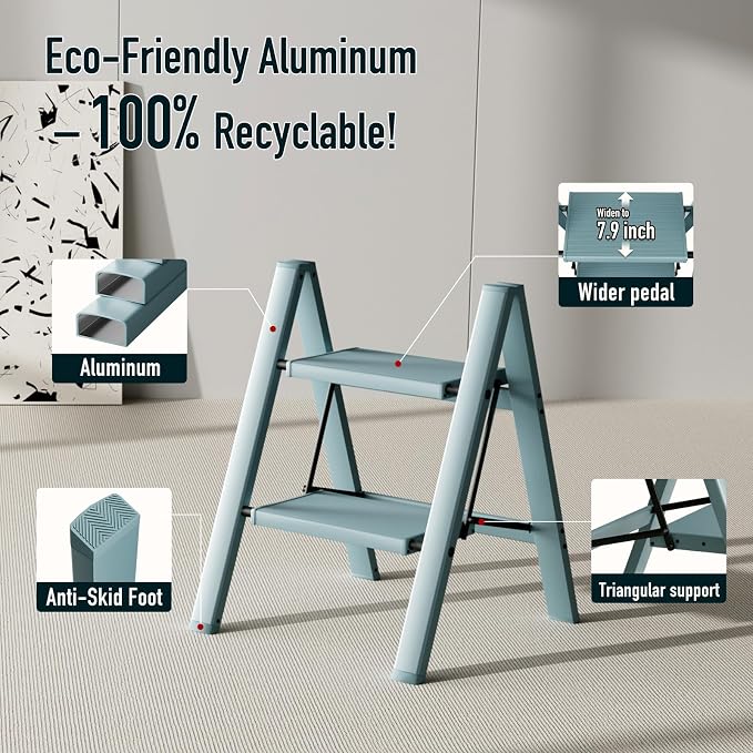Mayi Plus 2 Step Stool Foldable, Aluminum, Lightweight Step Ladder | Extra-wide anti-slip folding steps with 330 lbs, for home,kitchen,office,outdoor,Blue - Image 2