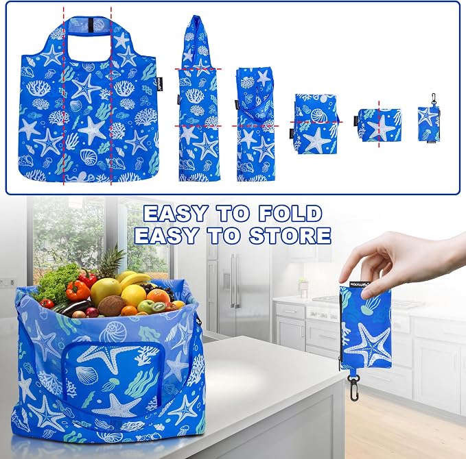 HOLYLUCK Reusable Grocery Bags,Heavy Duty Foldable Shopping Tote Bag (Standard, 3 Starfish) - Image 5