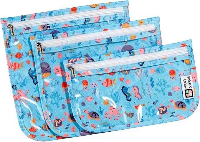HIONXMGA Set of 3 Clear Travel Toiletry Bag, TSA Approved, Quart Size S/M/L | Clear Front Zipper Pouches Waterproof Cosmetics Bags for Women Kids Toiletries Baby Essentials Well-Organized Carry, Marine by HIONXMGA