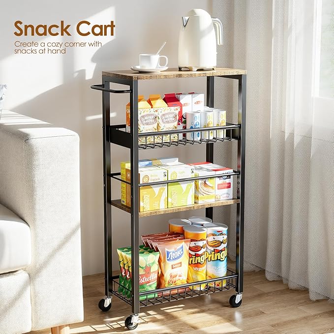Slim Rolling Storage Cart, 4 Tier Narrow Storage Cart, 9.1in(W) | Metal Kitchen Rolling Cart for Small Spaces, Narrow Shelf for Kitchen, Laundry Room, Bathroom, Living Room - Image 5
