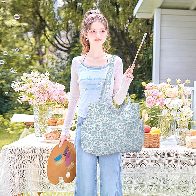 Corduroy Tote Bag for Women,Large Capacity Cute Tote Bags With 6 Pockets,Crossbody Shoulder Handbag for Work Travel Gym - Image 3