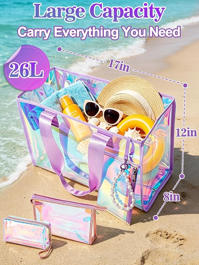 Cosweet Iridescent Beach Tote Bag with 3 Small Pouch for Women | 26L Waterproof Clear Jelly Bag, Tip-Proof Foldable, Small Pouch for Phone Makeup, for Pool Cruise Travel Gifts - Image 4
