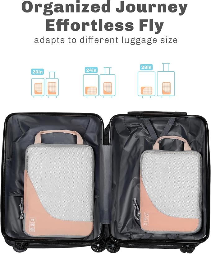 6 Set/ 4 Set/ 2 Set Compression Packing Cubes Travel Essentials Lightweight Nylon Luggage Suitcase Organizer Bag Light Pink 2PCS - Image 3