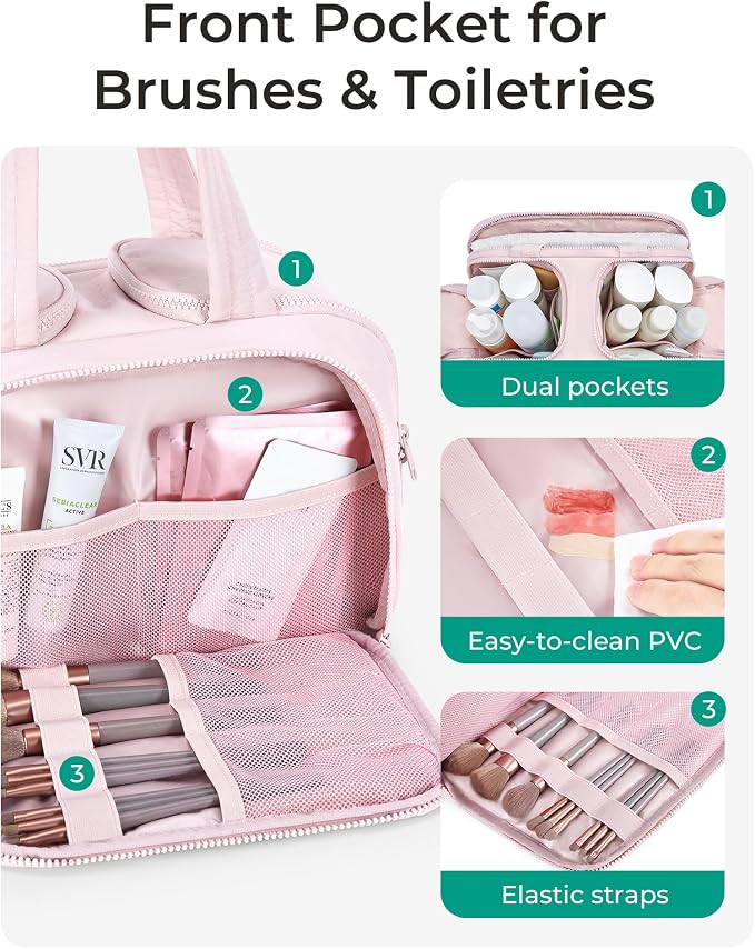 BAGSMART Travel Toiletry Bag, Crush Toiletry Bag for Women, Wide-open Puffy Toiletry Bags for Traveling, Large Travel Cosmetic Makeup Bag Organizer for Accessories,Toiletrie, Pink - Image 4