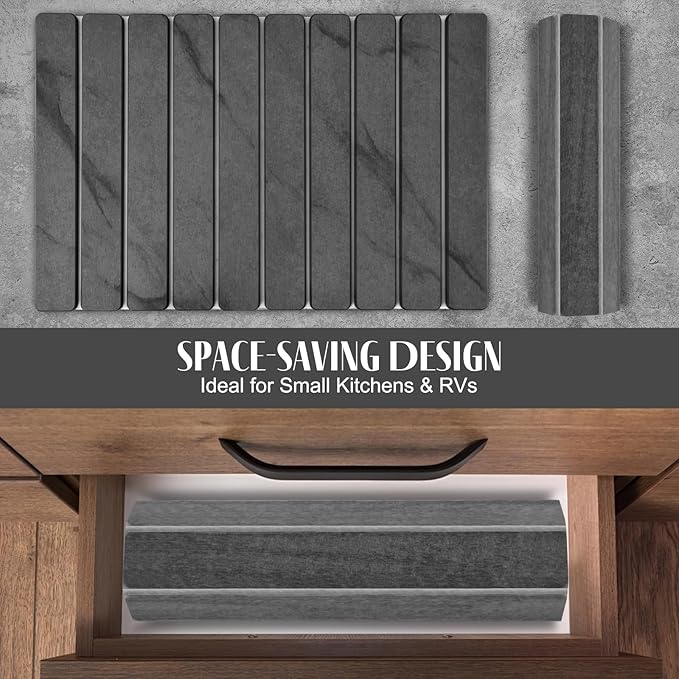 2 PCS Large Stone Dish Drying Mat for Kitchen Counter, 24"×16" Marble Dish Drying Mat with 8"x 4" Coasters, Non - Slip Collapsible Absorbent Mat for Multi - Purpose, Match Any Countertop - Grey - Image 3