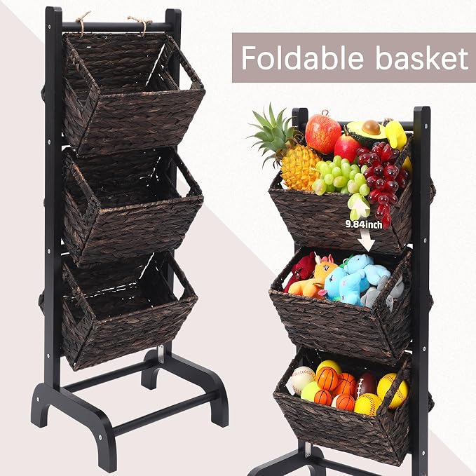 Wicker 3 Tier Foldable Storage Basket Floor Rack with Market Storage Basket Water Hyacinth Storage Rack Hand Woven Laundry Rack for Bathroom Kitchen Laundry Room Living Room Storage (Brown) - Image 4