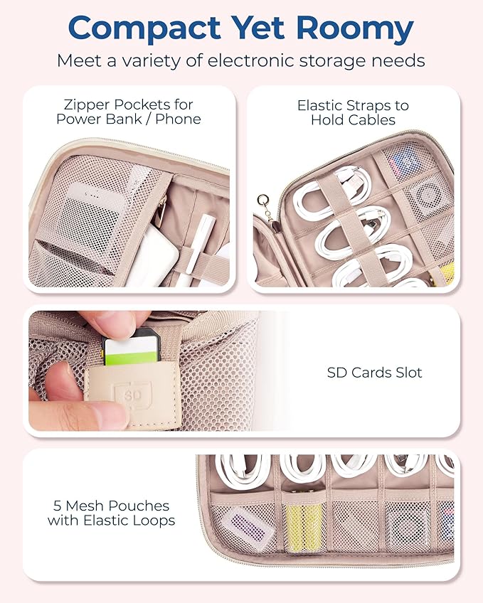 BAGSMART Electronics Organizer Travel Case, Cable SD Card Phone Accessories Organizer Bag for Women Travel Essentials, Warm Grey - Image 3
