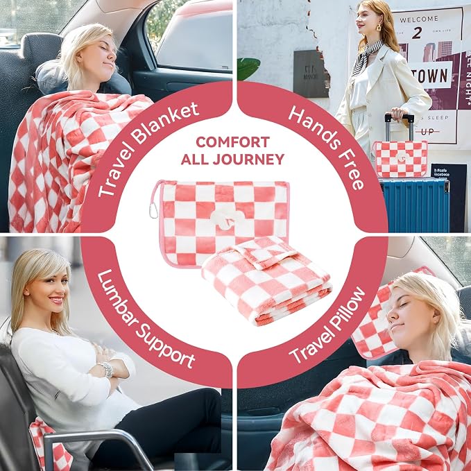 Travel Blanket and Pillow Compact, Premium Soft 2 in 1 Airplane Blanket with Soft Bag Pillowcase，Hand Luggage Sleeve and Backpack Clip (Ckeckered Pink) - Image 7