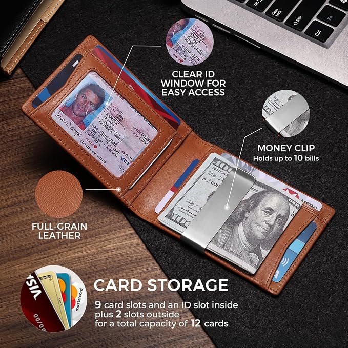 Zitahli Genuine Leather Wallet for Men 12 Card Slim Mens Wallets Bifold RFID Blocking with Money Clip & ID Window Thin Minimalist Card Holder Wallet with Gift Box - Image 3