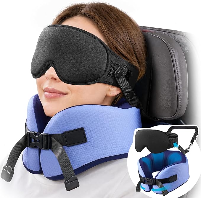 YFONG Travel Pillow with 3D Sleep Mask for Long Flights Airplane, Blue | Patented 360° Ergonomic Sleeper Hold Head Support System, Memory Foam Neck Pillow, Prevents Head Bobbing, Adjustable Strap by YFONG