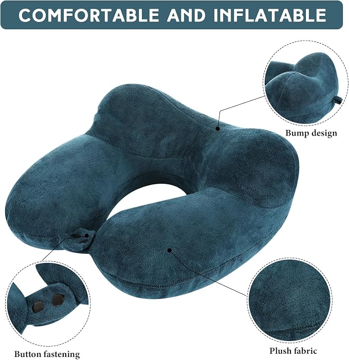 Sintuff 2 Pack Inflatable Travel Pillow for Airplanes Inflatable Neck Flight Pillows with Compact Bag and Blindfold for Traveling, Airplane, Train, Car, Office(Peacock Green and Black) - Image 3
