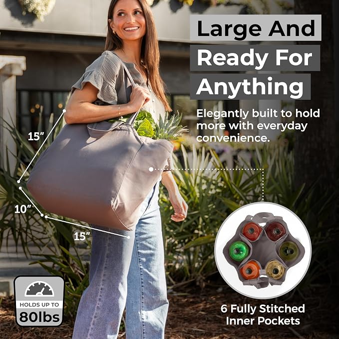 VeraMia Canvas Grocery Bag 3pc XL Set with Real Pockets, Long Shoulder Strap and Short Handle. Heavy Duty, Foldable, Washable - Image 4