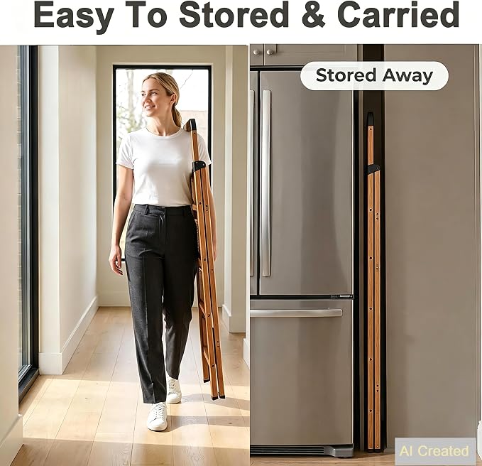 Step Ladder 4-Step Woodgrain Finish Aluminum Folding Ladders | Anti-slip Sturdy Foldable Ladder Step Stool for Kitchen Home Office Libaray - Image 5