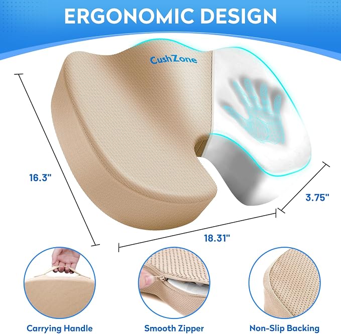 CushZone XL Memory Foam Seat Cushion for Office, Car & Wheelchair, Khaki | U-shaped Coccyx Cutout, Contoured Design, Breathable Removable Mesh Cover, Non-Slip Base, Carry Handle - Image 4