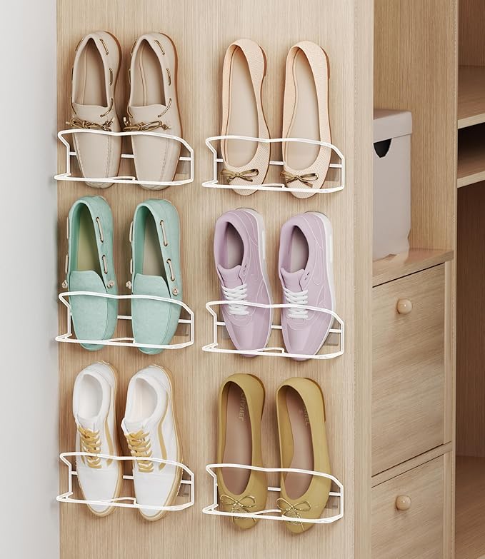 6Pack Wall Mounted Shoe Rack with Sticky Hanging Strips (White) | Very Easy to Install no Need to Drill Hanging Shoe Organizer, for RV, Door,Entryway, Bathroom, Living Room, Mud Room, Laundry by PrimZootyDesign
