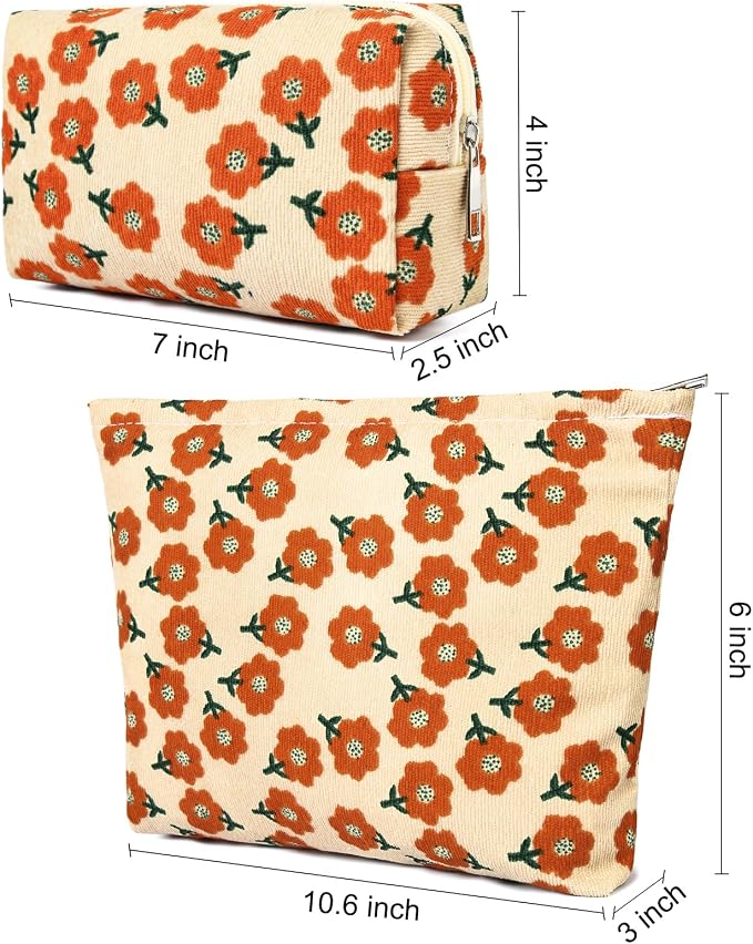 SOIDRAM 2 Pieces Flower Makeup Bag Large Corduroy Cosmetic Bag Capacity Canvas Mix Travel Toiletry Bag Organizer Cute Makeup Brushes Aesthetic Accessories Storage Bag for Women, Flower Mix Orange - Image 3