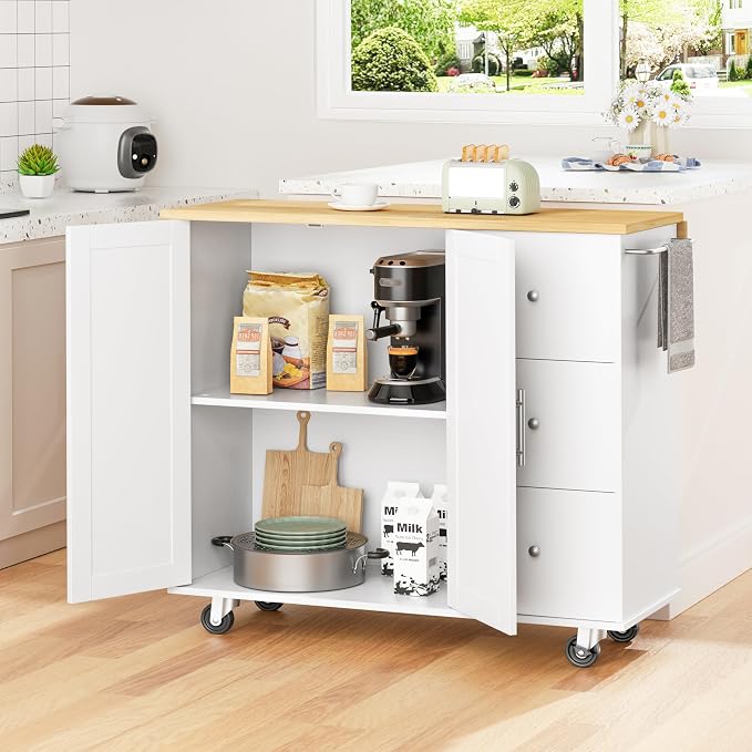 Shintenchi Kitchen Island with Folding Drop Leaf, Rolling Island Table with Storage, Kitchen Cabinet on Wheels with Seating Area for Kitchen, Bar Cart with Cabinet, White - Image 7