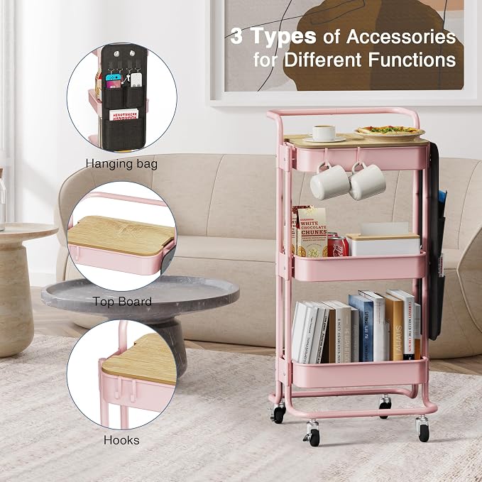 DTK 3-Tier Rolling Cart with Table Top, Metal Utility Cart with Side Bags | Tray Storage Organizer, Lockable Wheels, 4 Hooks, Art Cart for Kitchen, Bathroom, Office, Craft room, Living room, Pink - Image 5