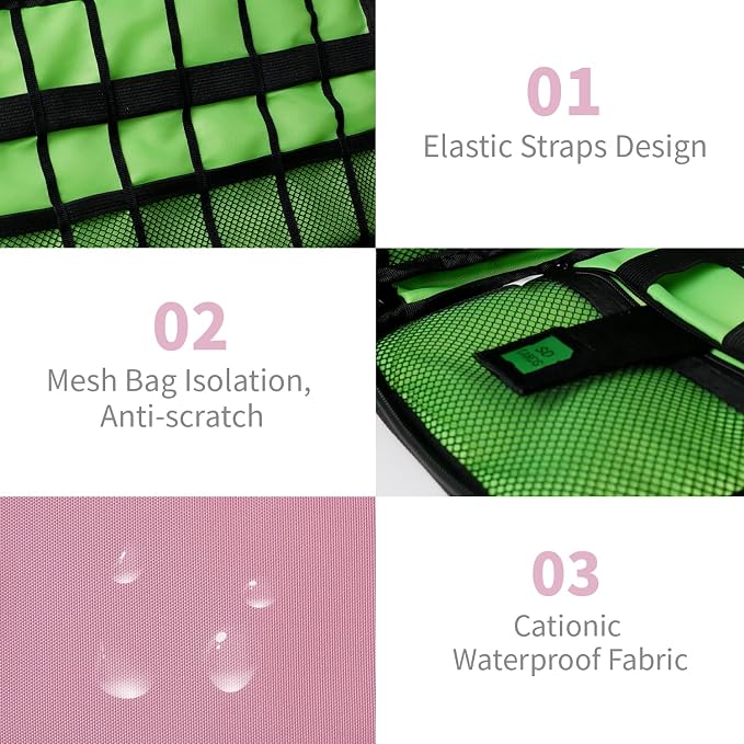 Lcsmaokin Electronics Travel Organizer,Portable Waterproof Electronic Travel Storage Bag for Small Charging Cord Storage,Charger,SD Card etc,for Travel,Business -Pink Green - Image 4