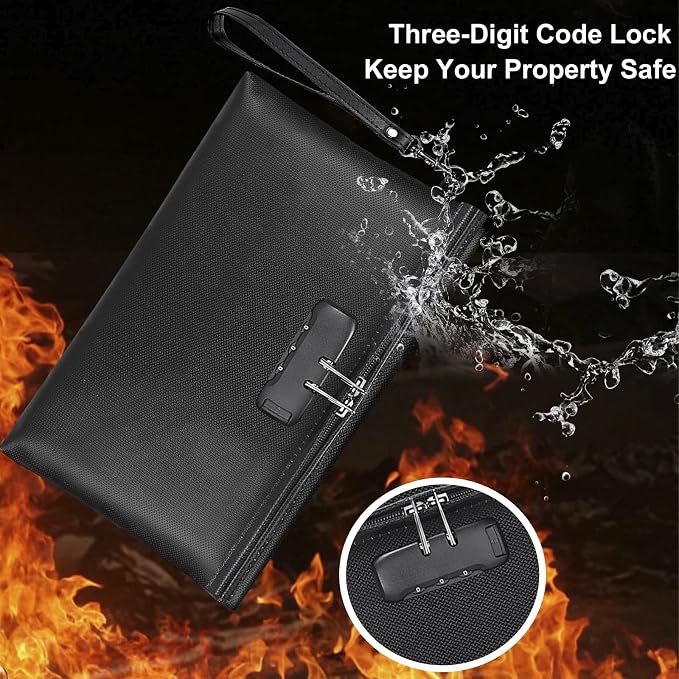Fireproof Money Bag with Lock, Cash Pouch, 11.2"x7.6", Black | Zipper Closure, Portable Safe Storage for A5 Size Files, Cheque, Cell Phone, Tablet, Credit Card, Passport, Jewelry - Image 2