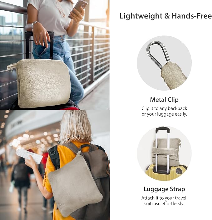 DEZ FURNISHINGS 4-in-1 Self-Storing Travel Blanket & Pillow, Soft Fleece Airplane Blanket with Luggage Sleeve & Backpack Clip, 60" x 45", Tan - Image 2