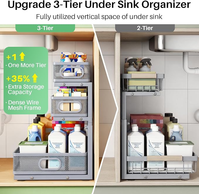 Kitstorack Under Sink Organizer, 2-Pack 3-Tier Height Adjustable Thickened Metal Pull out Cabinet Organizer Shelf, Slide out Storage Drawer Rack for Bathroom Kitchen Pantry Home Organization, Grey - Image 3