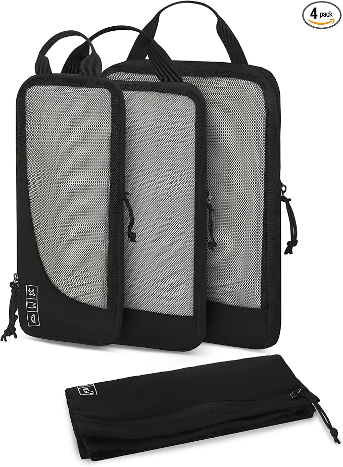 6 Set/ 4 Set/ 2 Set Compression Packing Cubes Travel Essentials Lightweight Nylon Luggage Suitcase Organizer Bag Black 4PCS by HynesEagle